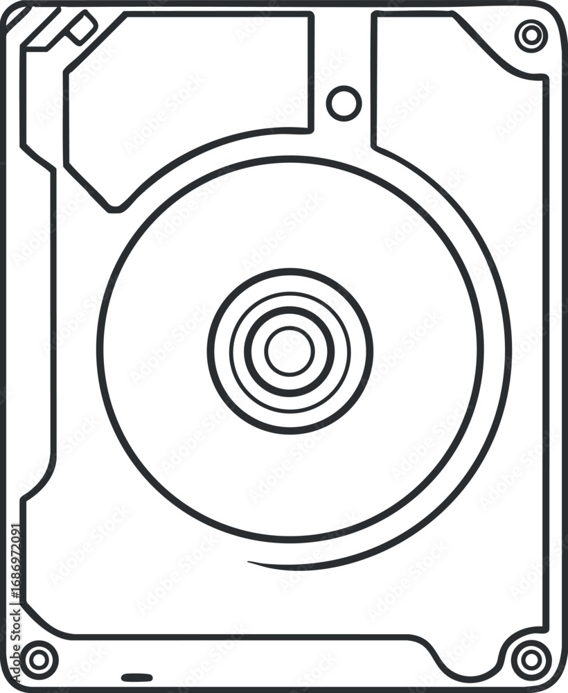 Poster black and white line drawing of a hard drive disk showing its circular disk and components for compu