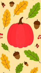 Autumnal pumpkin design with fall leaves and acorns