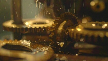 Close-up of oiled gears in motion