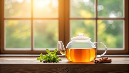 Glass Teapot with Amber Tea and Fresh Mint by a Sunny Window liquid