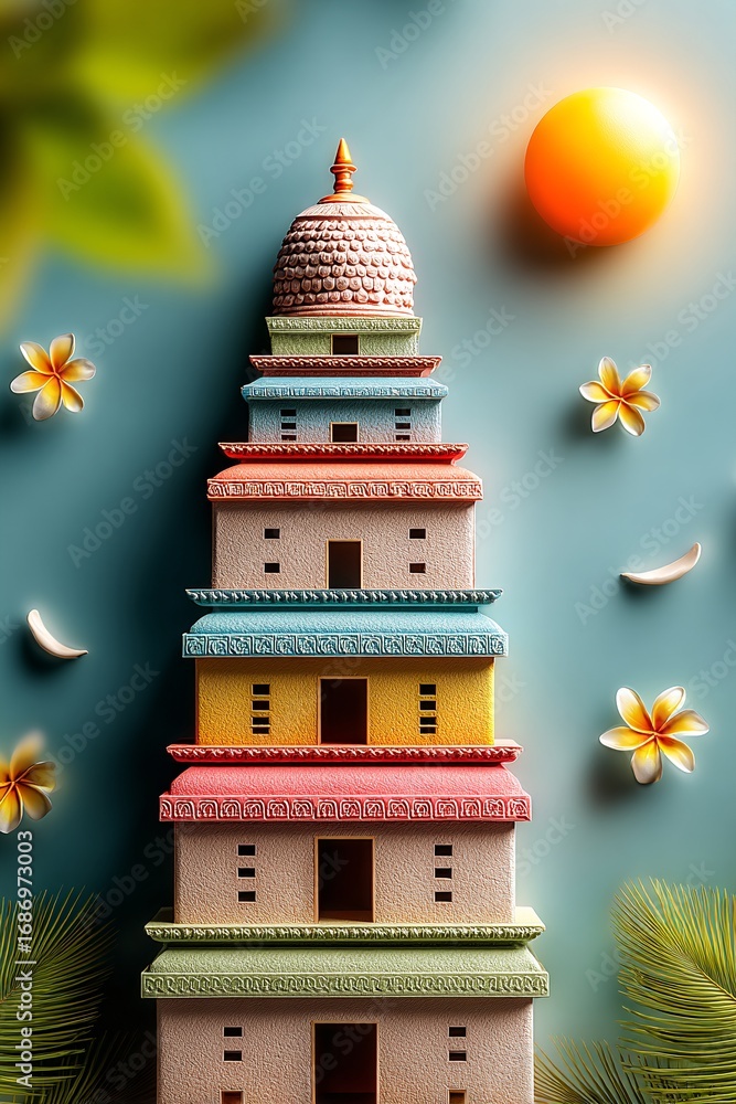Poster a colorful miniature building with a unique design, set against a soft background with flowers and a
