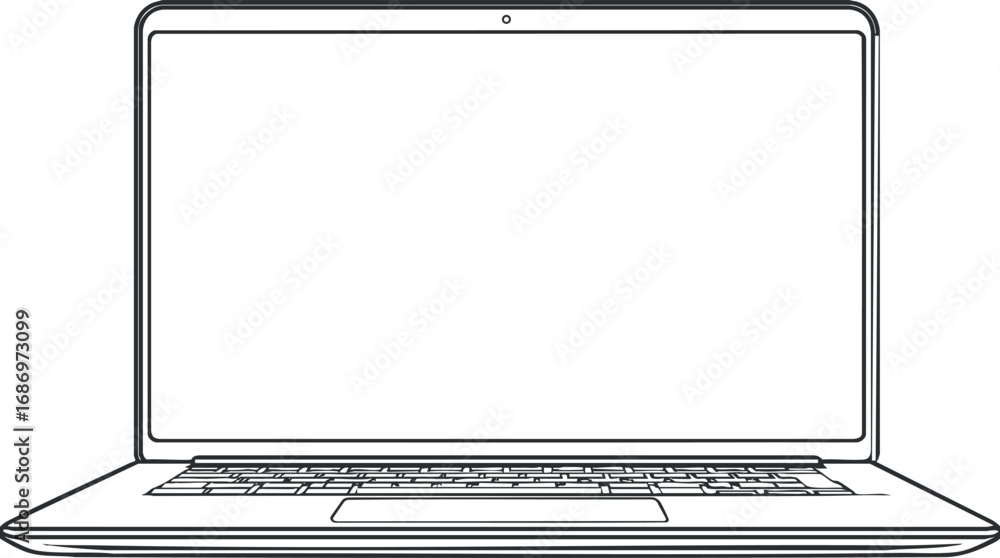 Poster black and white line drawing of a modern laptop computer with keyboard and blank screen