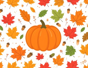Autumnal pumpkin surrounded by colorful leaves and acorns