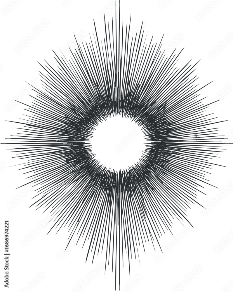 Poster black and white radial lines forming a circular burst pattern with a textured abstract design