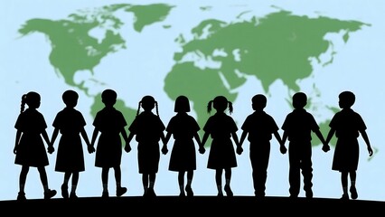 Silhouette of diverse children holding hands together in front of colorful world map background