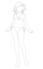 A girl in a pink and white striped bikini with long sleeves and a high neckline stands with arms outstretched against a white background, her delicate face serene with eyes closed and hair.