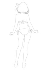 A woman in a blue and white striped bikini stands confidently with her back to the camera, showcasing her contour against a clean white background.