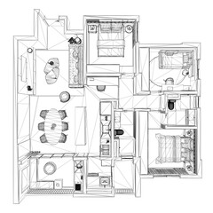 Black and white apartment blueprint showing detailed floor plan with wireframe layout of kitchen and living room areas. Top view