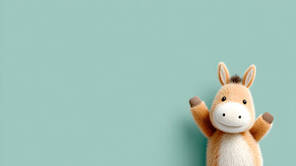 Cute plush toy horse with soft fur and friendly expression, waving its hoof against a pastel green background, perfect for children's decor and playful themes. Selective focus