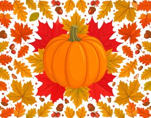 Autumnal pumpkin surrounded by fall leaves and acorns