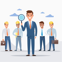 Business team leader with magnifying glass and team members in background illustration