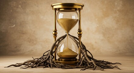 Elegant golden hourglass with cascading sand and entwined branches symbolizes the unstoppable passage of time, urgency, and the beauty of fleeting moments.