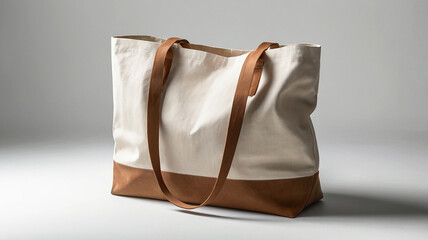 Canvas tote bag features a leather handle for stylish shopping and organization.