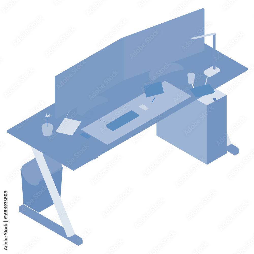 Poster animated blue desk with computer setup, featuring monitor, keyboard, mouse, and various items in sil