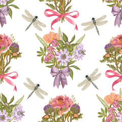 Seamless delicate watercolor botanical pattern with pink poppies, passion fruit flowers, purple bows, dragonflies on white background. Hand drawn pattern.