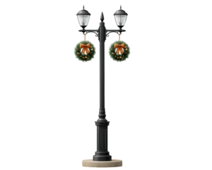 Black iron Christmas lamppost with two festive wreaths, decorated with red bows and ornaments, isolated on transparency background, evokes holiday cheer and winter atmosphere