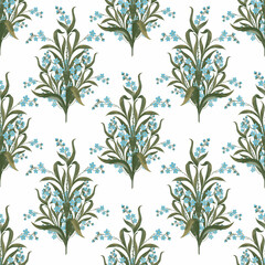 Seamless delicate watercolor pattern with blue forget-me-not flowers on a white background. Hand drawn pattern.