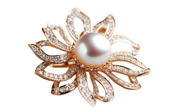 Vintage-inspired brooch with luminous pearl isolated on transparent background