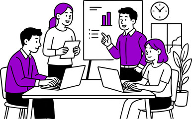 Team, group work. Teamwork in office. Colleagues collaboration, meeting, professional ideas discussion. Business communication, brainstorming. Flat vector illustration isolated on white background