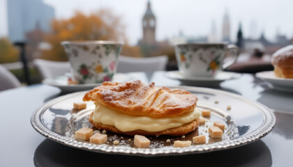 Cream-filled pastry with powdered sugar served on a silver plate with tea and city skyline.