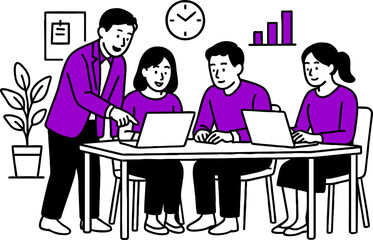 Team, group work. Teamwork in office. Colleagues collaboration, meeting, professional ideas discussion. Business communication, brainstorming. Flat vector illustration isolated on white background