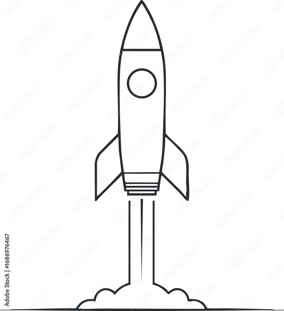 Poster simple line drawing of a rocket launching into space with smoke and thrust below