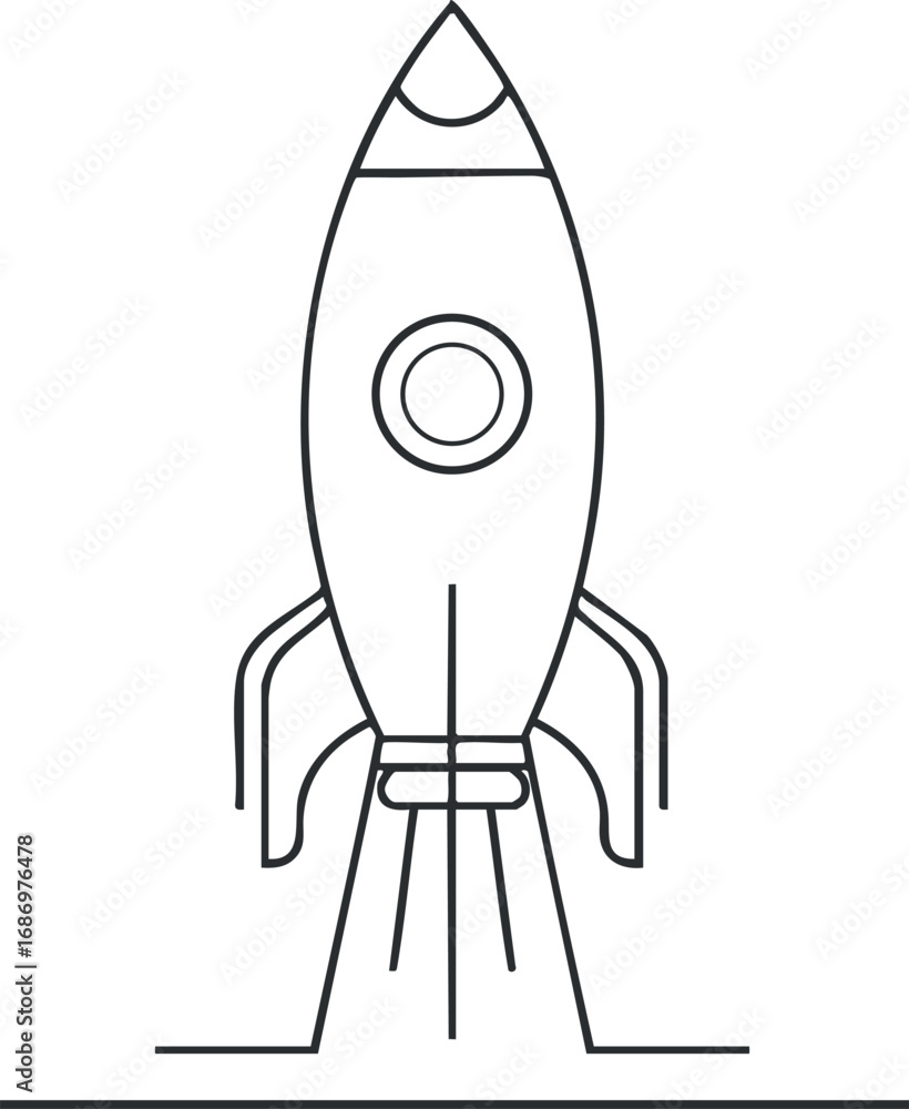 Poster outline drawing of a rocket ship preparing for launch symbolizing space exploration and technology