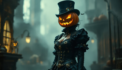 Steampunk pumpkin-headed figure in a black Victorian outfit ready for a spooky Halloween night.
