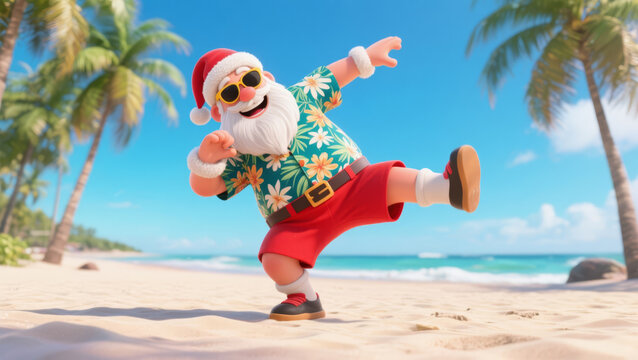 Fototapeta Santa Claus doing a celebratory dance on a sunny beach wearing sunglasses and a Hawaiian shirt.