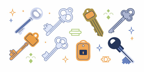 Collection of vintage and modern keys and key fobs with decorative elements on a white background