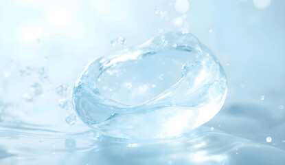 Transparent blue water bubbles rise in a clean glass, reflecting the light