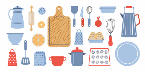 Collection of colorful kitchen utensils and cooking supplies arranged in a flat lay style