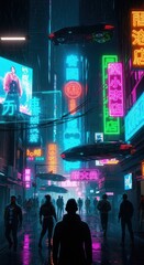 Neon-Drenched Cyberpunk Cityscape at Night Under Rain