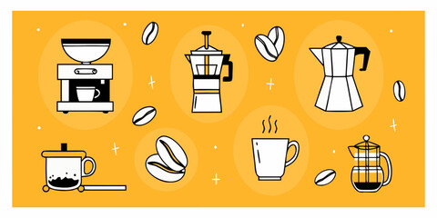 Collection of stylized coffee making equipment and elements on a vibrant orange background