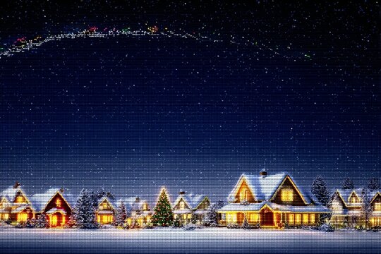 a pixel art scene depicting a winter landscape with houses and trees covered in snow under a starry sky