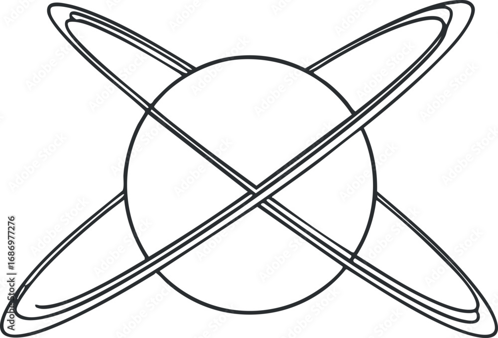 Poster black and white line drawing of a planet with two intersecting rings representing an orbit or celest