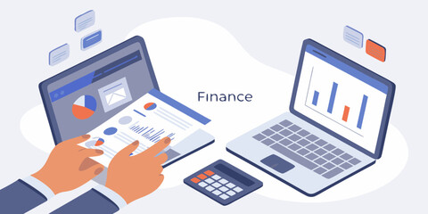 Hands analyzing financial reports and charts on laptops with a calculator nearby symbolizing business growth