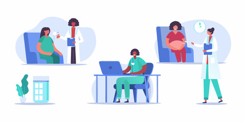 Diverse medical professionals provide care and support to pregnant patients in various healthcare settings