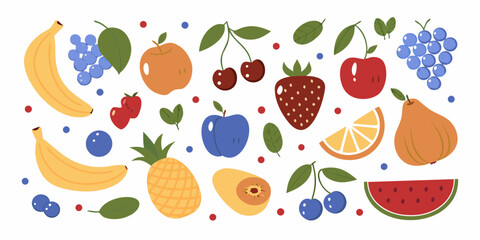 A vibrant collection of colorful flat design fruits and berries scattered across a white background