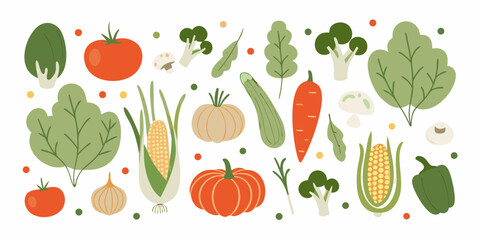 A vibrant collection of fresh vegetables and leafy greens in a flat design style