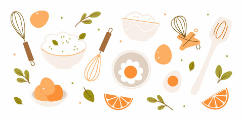 Whimsical flat lay illustration of baking ingredients and kitchen utensils with a spring theme