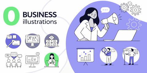 Collection of business illustrations showcasing marketing analytics teamwork and financial concepts with a modern doodle style