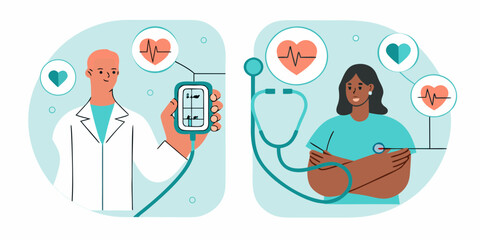 Doctor and patient with medical devices monitoring heart health and vital signs