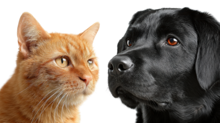 A close-up of a ginger cat and a black Labrador, showcasing their distinct features against a white background.