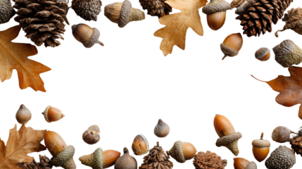 A collection of acorns, pinecones, and autumn leaves arranged on a black background.