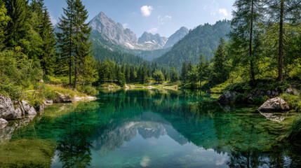 Crystal-clear alpine lake reflects majestic mountains and lush greenery on a sunny day