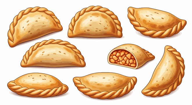 Illustration of eight empanadas with golden brown crusts, one sliced open to reveal a savory filling, arranged on a white background.