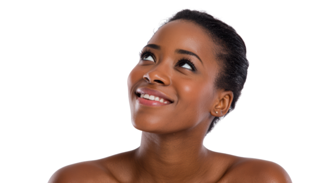 A joyful woman looking up with a smile on her face, white isolate background.