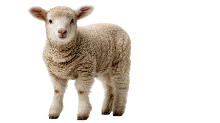 Fototapeta premium Adorable young lamb standing on a white isolate background.