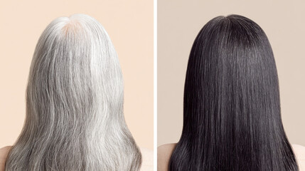 Fototapeta premium Transformation of gray hair to a rich dark color before and after coloring process